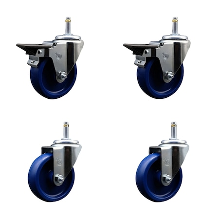 Service Caster 4'' Solid Poly Wheel Swivel 7/16'' Grip Ring Stem Caster Set 2 Brakes, 4PK SCC-GR20S414-SPUS-PLB-716138-2-S-2